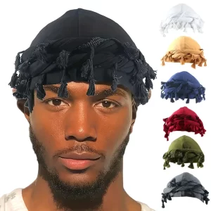 Vintage Twist Head Wraps Durag with Tassel Men's Hip Hop Pullover Hat Turban for Men Hair Wrap Twisted Tail Cap