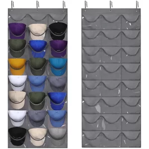 Hat Organizer Display for Baseball Caps Rack Hanging Wall Door Mounted Storage Bags with 3 Hooks Clear PVC Deep 18/24 Pockets